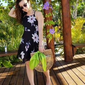 Lulu's Black Floral Print Lace Up Dress
